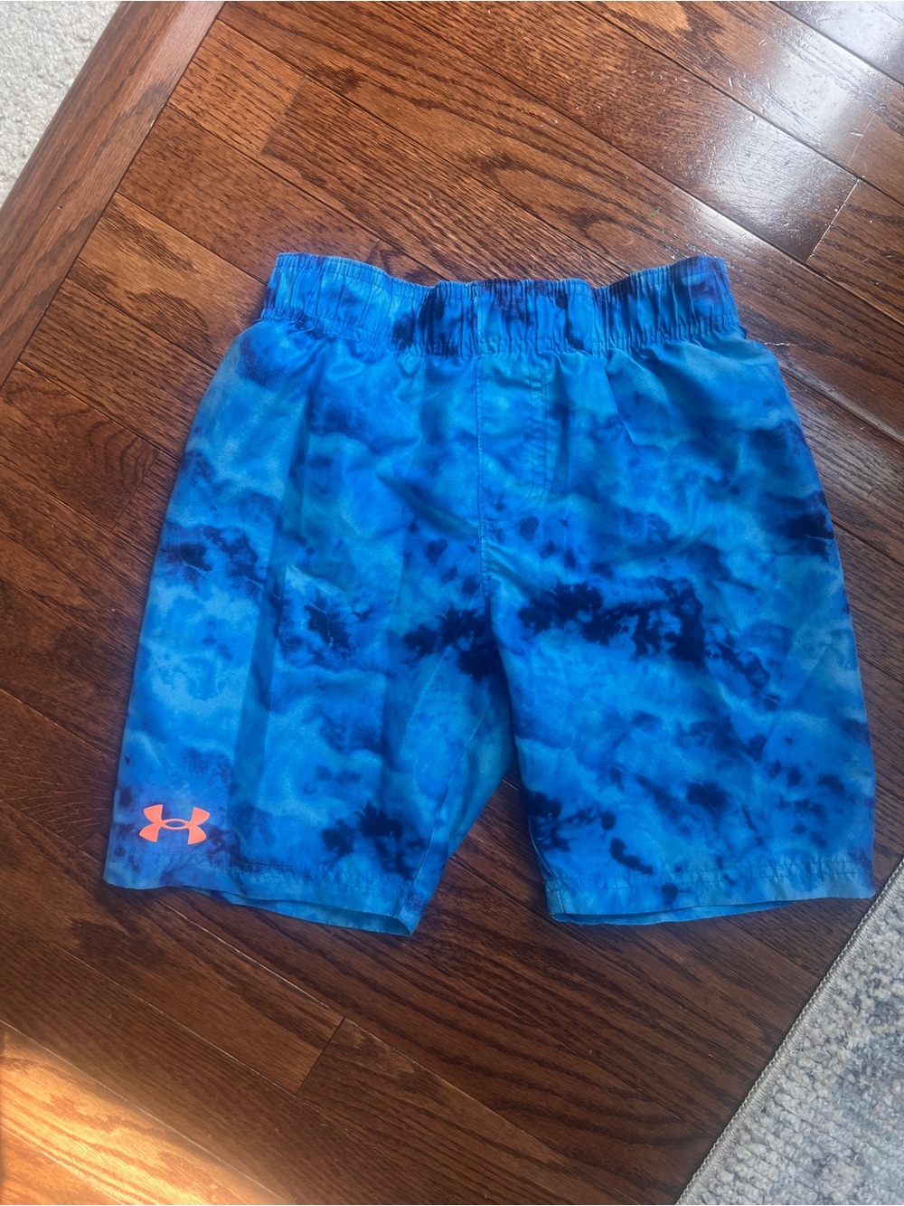 Under Armour Boys Blue Tie-Dye Athletic Shorts with Orange Logo
